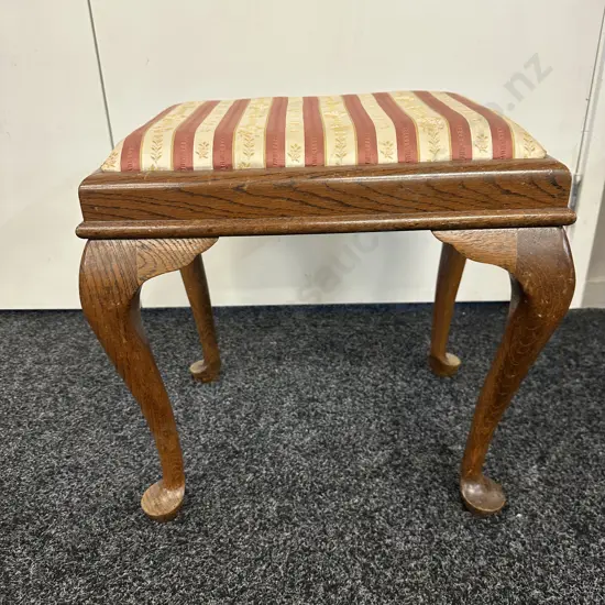 Vintage Oak Bedroom Stool Burgundy & Cream Stripe Upholstered, Cabriole Legs