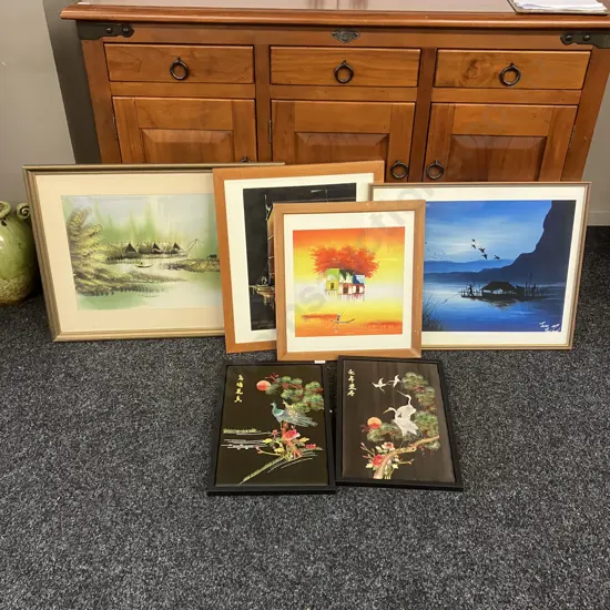Six Assorted Oriental Artworks Includes 2 Silk Embroidered