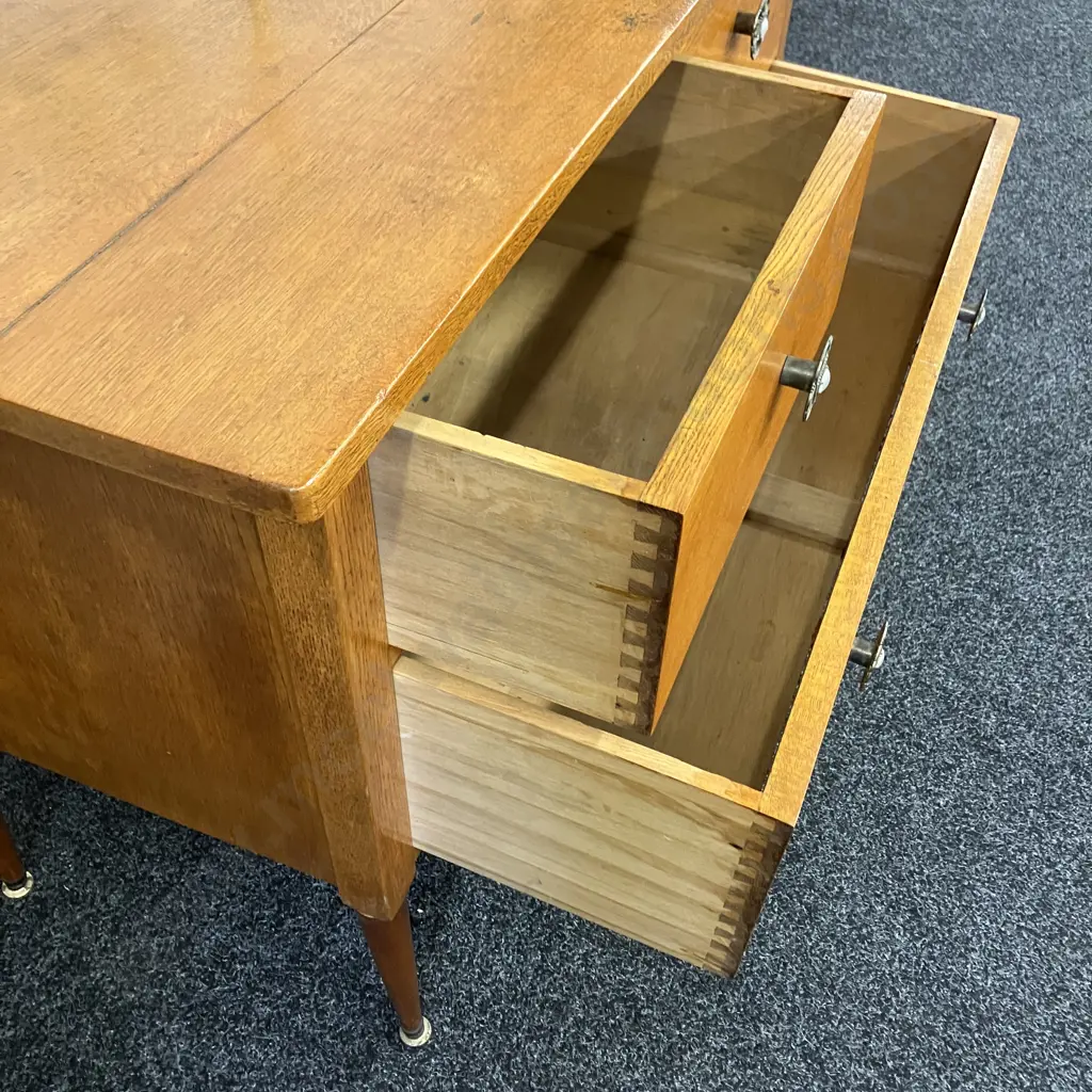 Mid Century Oak 4 Drawer Chest On Long Legs With Bracket For Mirror, Ornate Handles. H77 Plus Mirror Mount W107 D50cm Image 1++