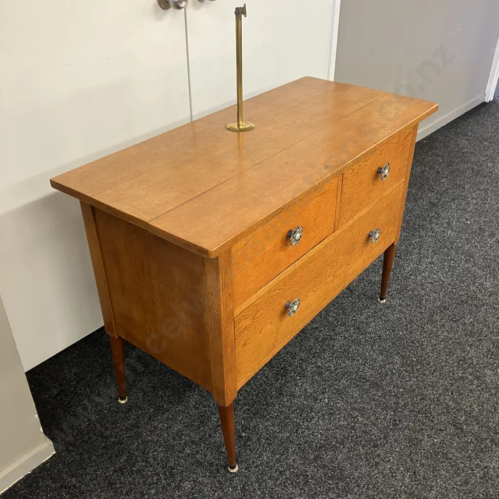 Mid Century Oak 4 Drawer Chest On Long Legs With Bracket For Mirror, Ornate Handles. H77 Plus Mirror Mount W107 D50cm Image 1++