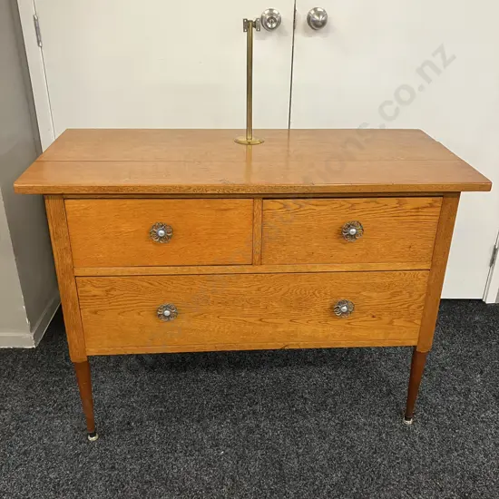 Mid Century Oak 4 Drawer Chest On Long Legs With Bracket For Mirror, Ornate Handles. H77 Plus Mirror Mount W107 D50cm