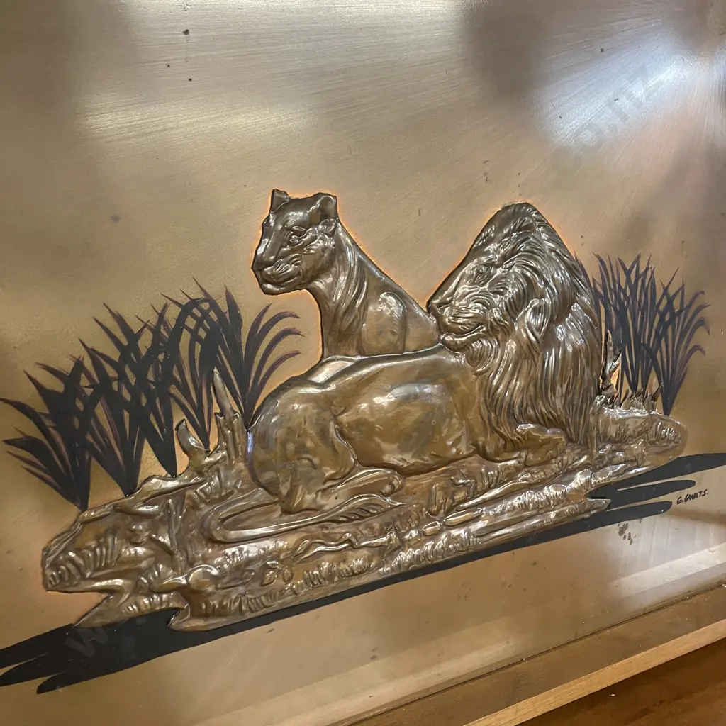 Rare Vintage Rhobard Rhonya Rhodesia Copper & Teak 'Lions' Mounted Plaque Signed By The Artist. 49 x 64cm Image 1++
