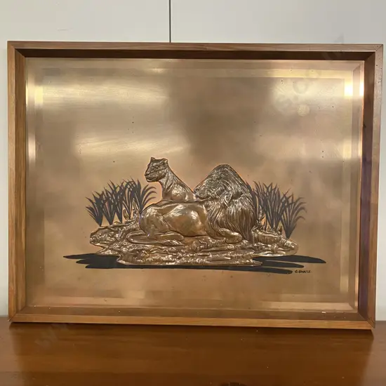 Rare Vintage Rhobard Rhonya Rhodesia Copper & Teak 'Lions' Mounted Plaque Signed By The Artist. 49 x 64cm