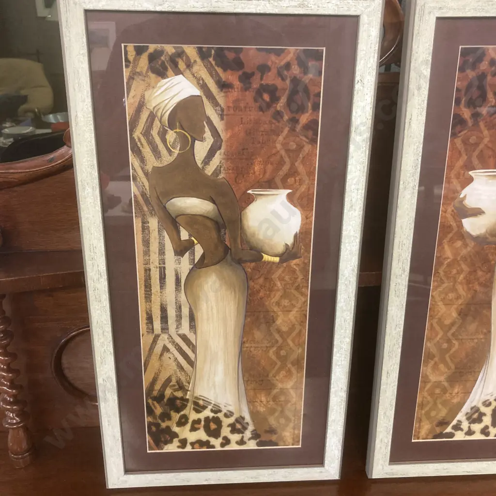 African Woman With Clay Pot  Artwork - Set of Two, Framed Glazed. 61 x 31cm Image 1++