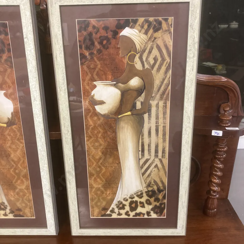 African Woman With Clay Pot  Artwork - Set of Two, Framed Glazed. 61 x 31cm Image 1++