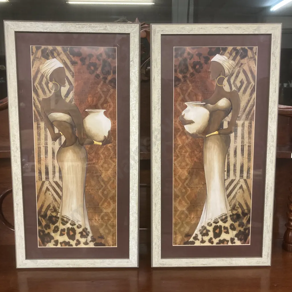 African Woman With Clay Pot  Artwork - Set of Two, Framed Glazed. 61 x 31cm Image 1++