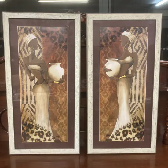 African Woman With Clay Pot  Artwork - Set of Two, Framed Glazed. 61 x 31cm