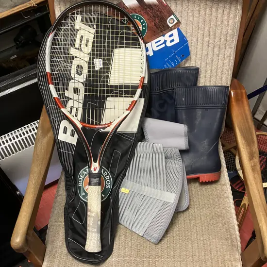 Babolat Over Drive 105 French Open Tennis Racquet & Cover, Weight belt and Skellerup Size 7 Gumboots