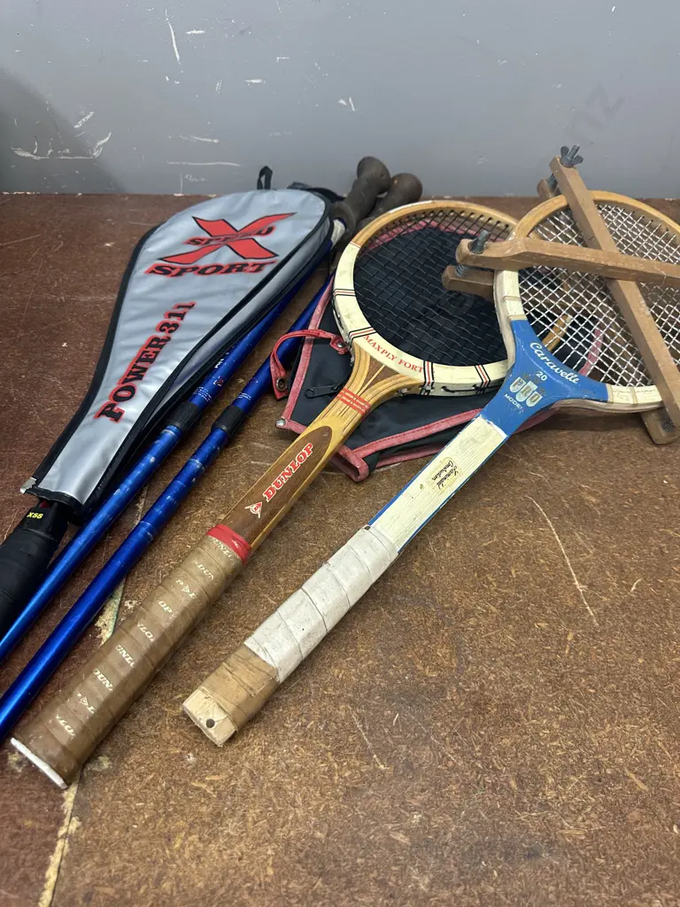Vintage Assorted Rackets Including Tennis Etc & Ski Poles (Unsaleable Donated) Image 1++