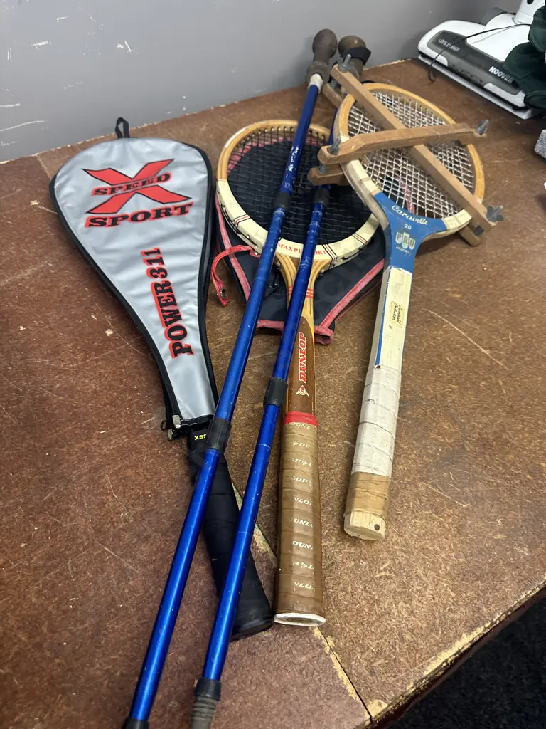 Vintage Assorted Rackets Including Tennis Etc & Ski Poles (Unsaleable Donated) Image 1++