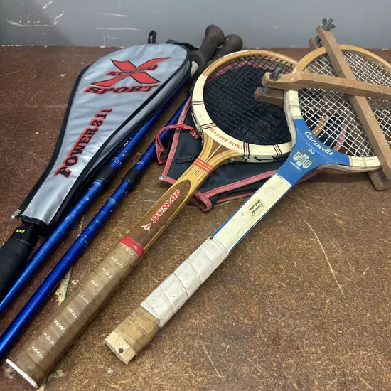 Vintage Assorted Rackets Including Tennis Etc & Ski Poles (Unsaleable Donated)