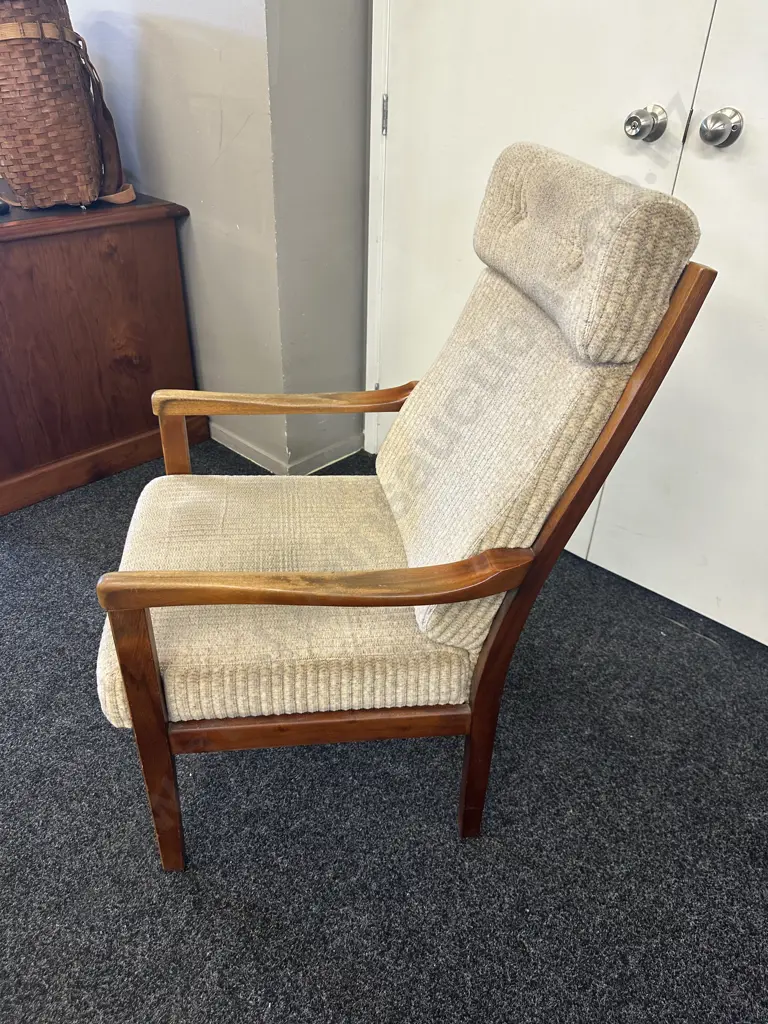 Mid Century Wooden Armed Chair With Cream Upholstery (unsaleable Donated) Image 1++