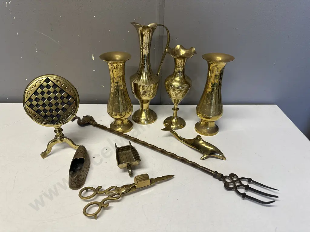 Selection of Vintage Brass Items, Vases, Candle Trimmer, Miniature Games table Etc Image 1++