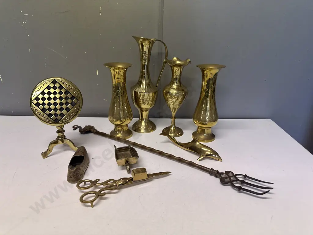 Selection of Vintage Brass Items, Vases, Candle Trimmer, Miniature Games table Etc Image 1++