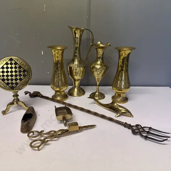 Selection of Vintage Brass Items, Vases, Candle Trimmer, Miniature Games table Etc