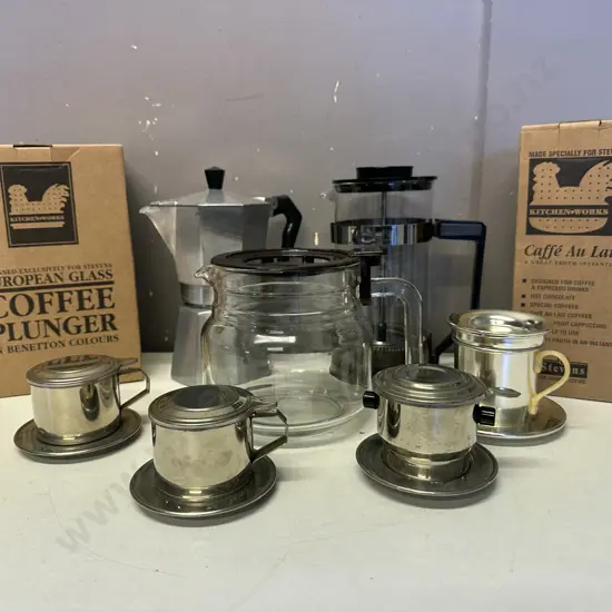 European Glass Coffee Plunger, Frother, Plunger, Art Deco Stainless Filters Etc