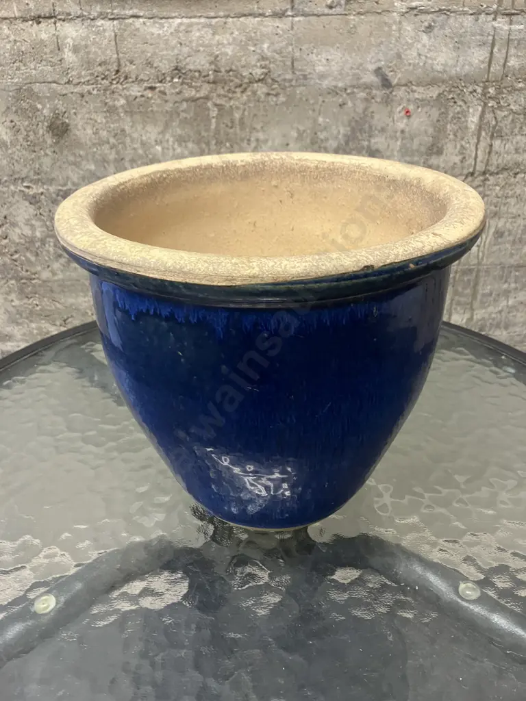 Round Glass Top Outdoor Table, 71 x 60cm & Small Blue Glazed Plant Pot 20 x 24cm Image 1++