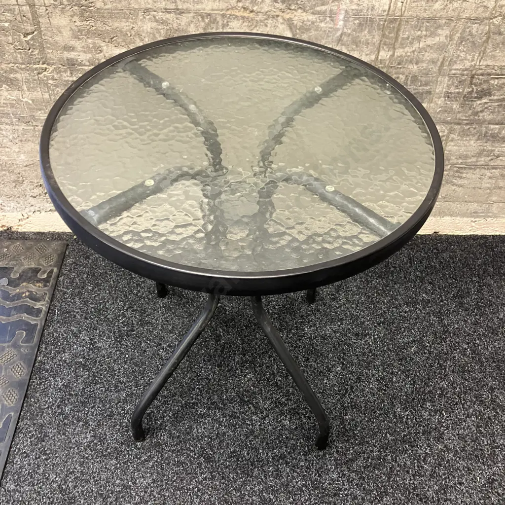 Round Glass Top Outdoor Table, 71 x 60cm & Small Blue Glazed Plant Pot 20 x 24cm Image 1++