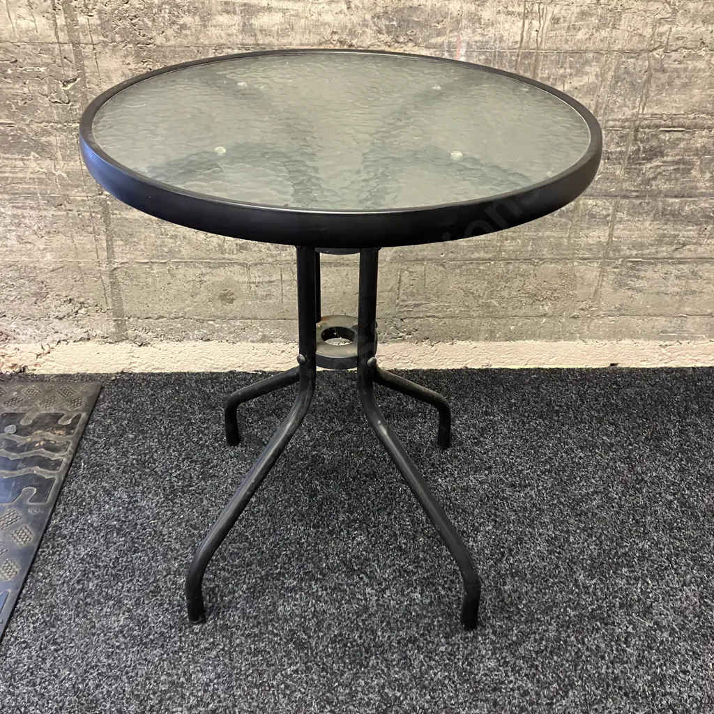 Round Glass Top Outdoor Table, 71 x 60cm & Small Blue Glazed Plant Pot 20 x 24cm Image 1++