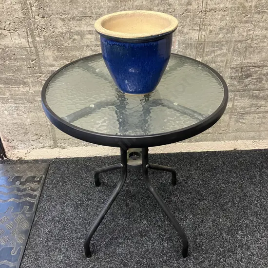 Round Glass Top Outdoor Table, 71 x 60cm & Small Blue Glazed Plant Pot 20 x 24cm