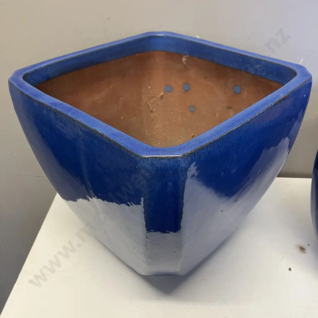 Blue Glazed Terracotta Plant Pots x Two. 34 x 34cm & 28 x 28cm Image 1++