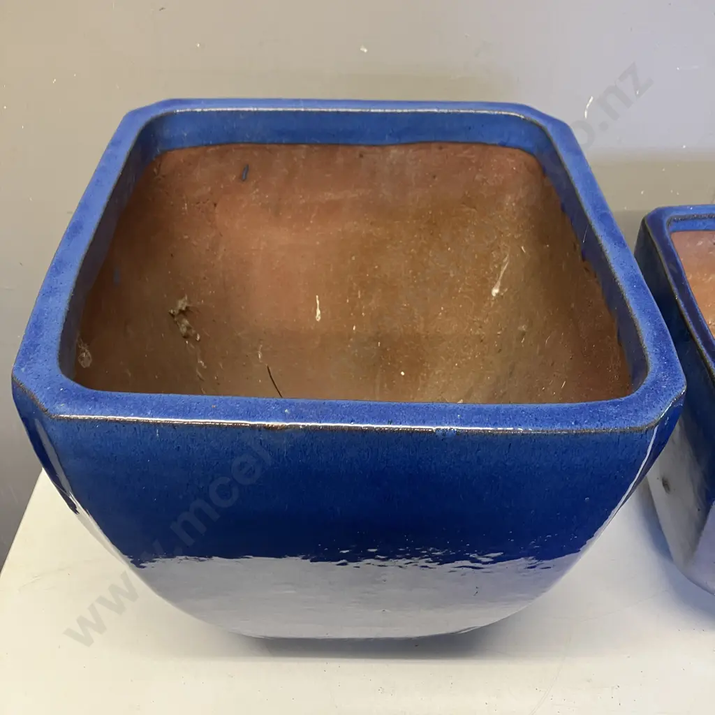Blue Glazed Terracotta Plant Pots x Two. 34 x 34cm & 28 x 28cm Image 1++
