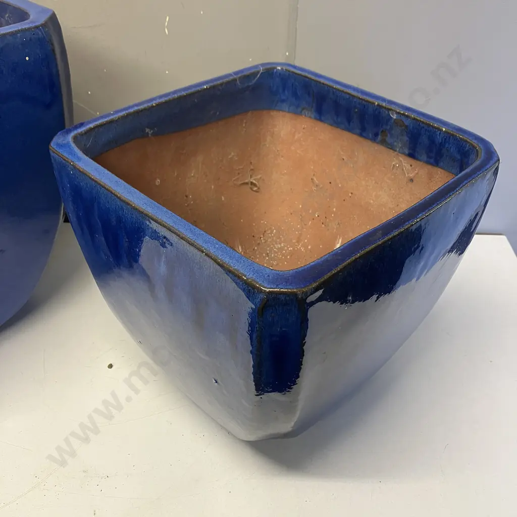 Blue Glazed Terracotta Plant Pots x Two. 34 x 34cm & 28 x 28cm Image 1++