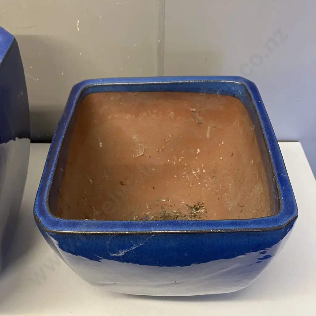 Blue Glazed Terracotta Plant Pots x Two. 34 x 34cm & 28 x 28cm Image 1++