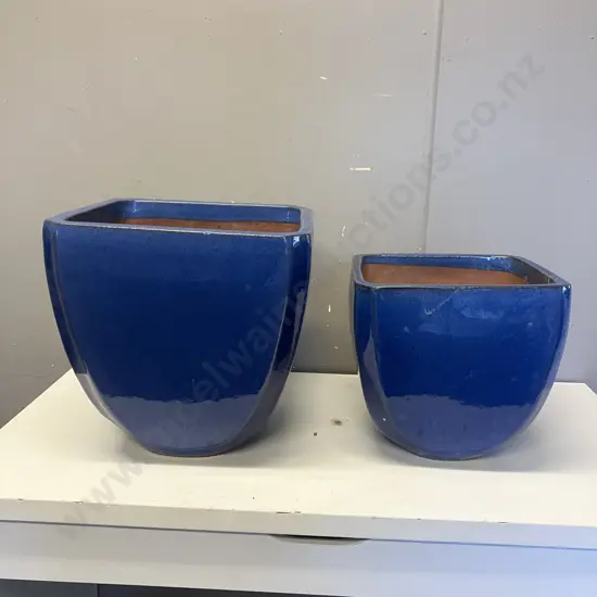 Blue Glazed Terracotta Plant Pots x Two. 34 x 34cm & 28 x 28cm