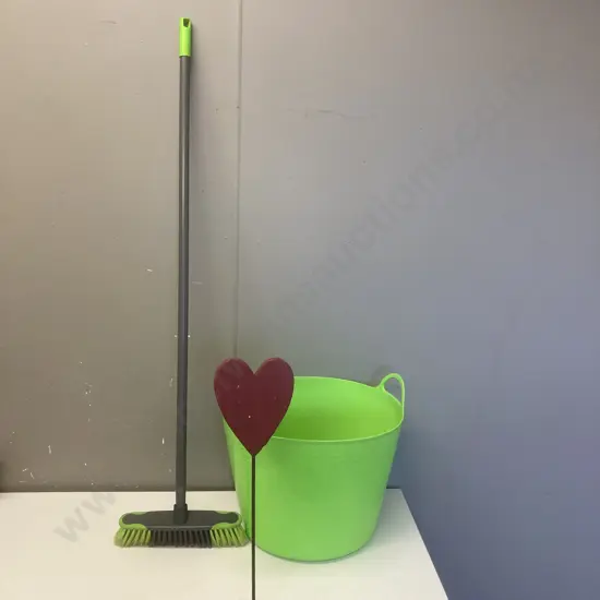 Green Plastic Tub, Floor Broom, Heart Garden Art