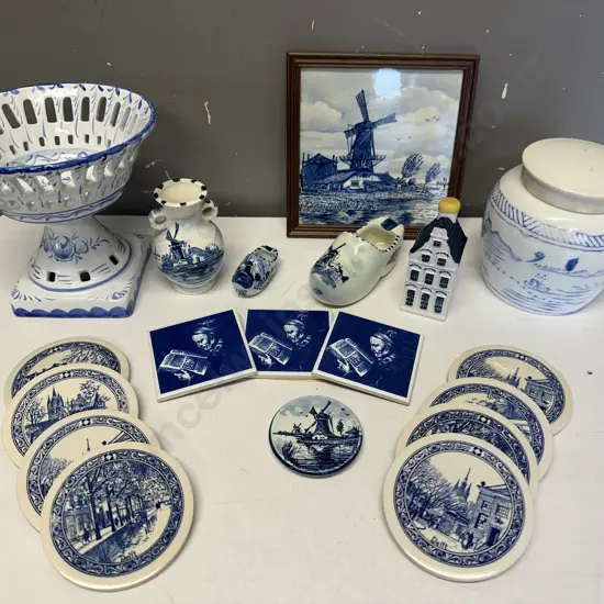 Vintage Delft Ware, Blue & White Including Coasters, Wall Plaque Etc