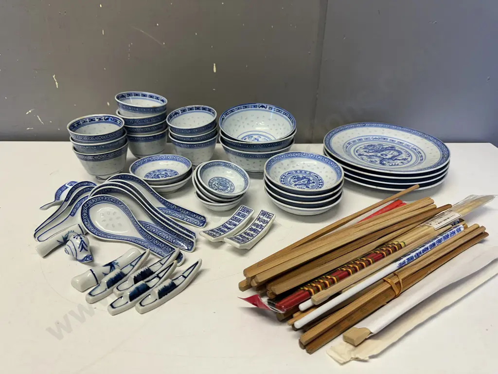 Vintage Blue & White Chinese Dishes With Assorted Chopsticks Image 1++