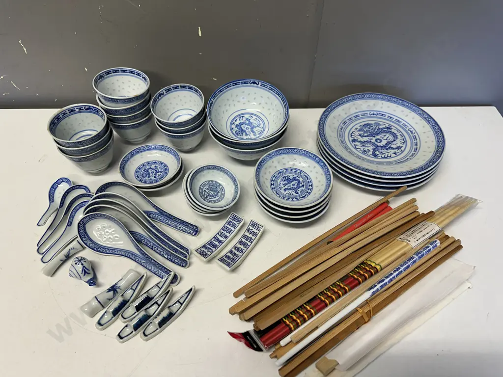 Vintage Blue & White Chinese Dishes With Assorted Chopsticks Image 1++