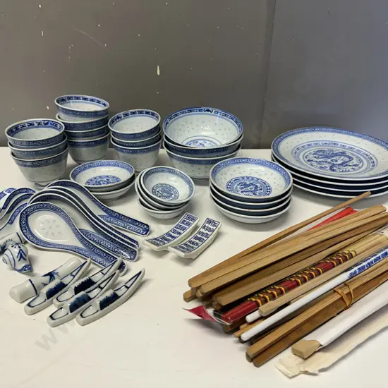 Vintage Blue & White Chinese Dishes With Assorted Chopsticks