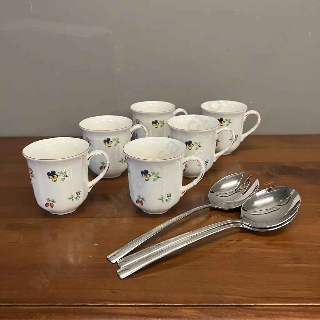 Villeroy & Boch Petite Fleur Mugs White, 300 ml, Premium Porcelain - Set of Six. Piedmont Salad Fork & Serving Spoons Image 1++