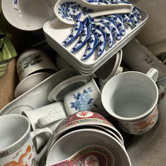 Box lot Assorted China Items, Mun Shou Longevity Rice Bowls & Spoons, Chopstick Rests Etc
