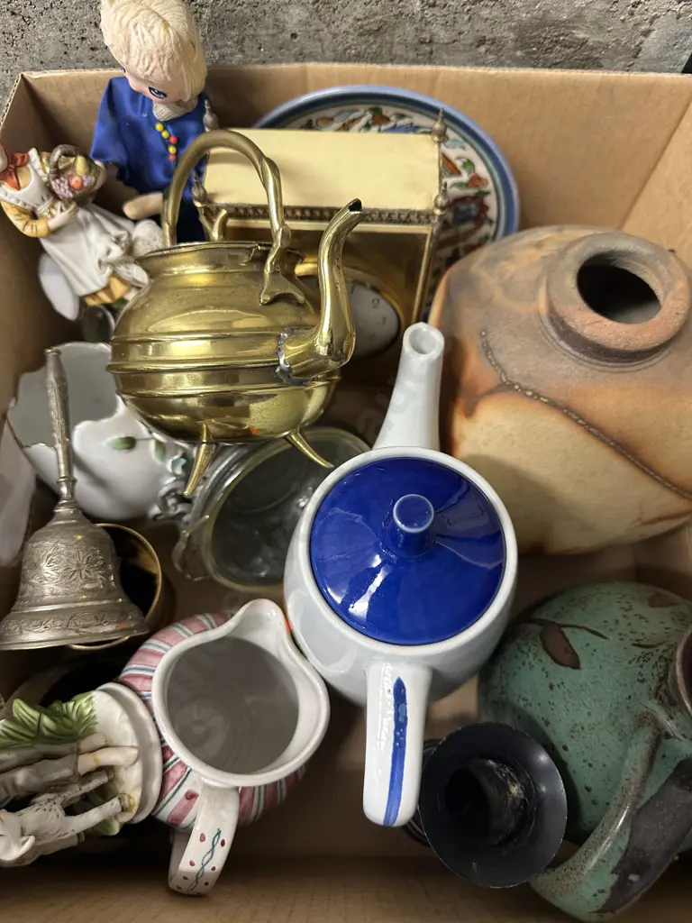 Box Lot Japanese Doll, Pottery, Kienzle Automatic Clock - German (As Found), Bell Etc Image 1++