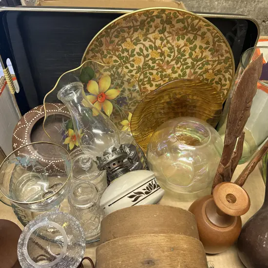 Box Lot - Wooden Ware, Lamp, Trays Etc