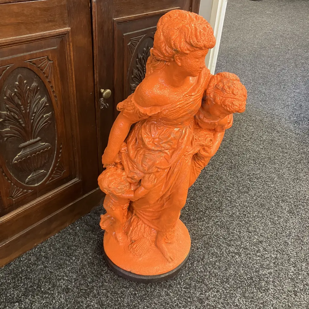 Mother With Children Concrete Garden Statue Painted Orange. H76cm Image 1++