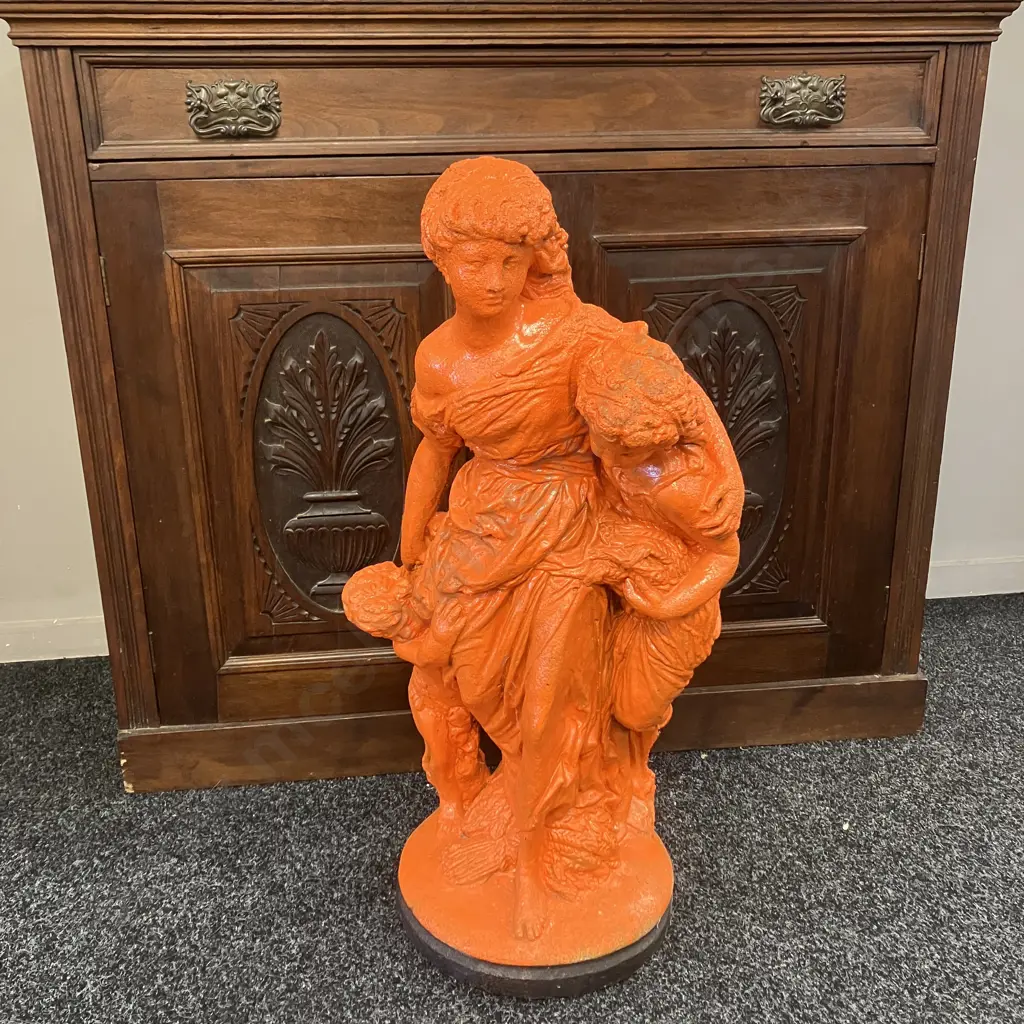 Mother With Children Concrete Garden Statue Painted Orange. H76cm Image 1++
