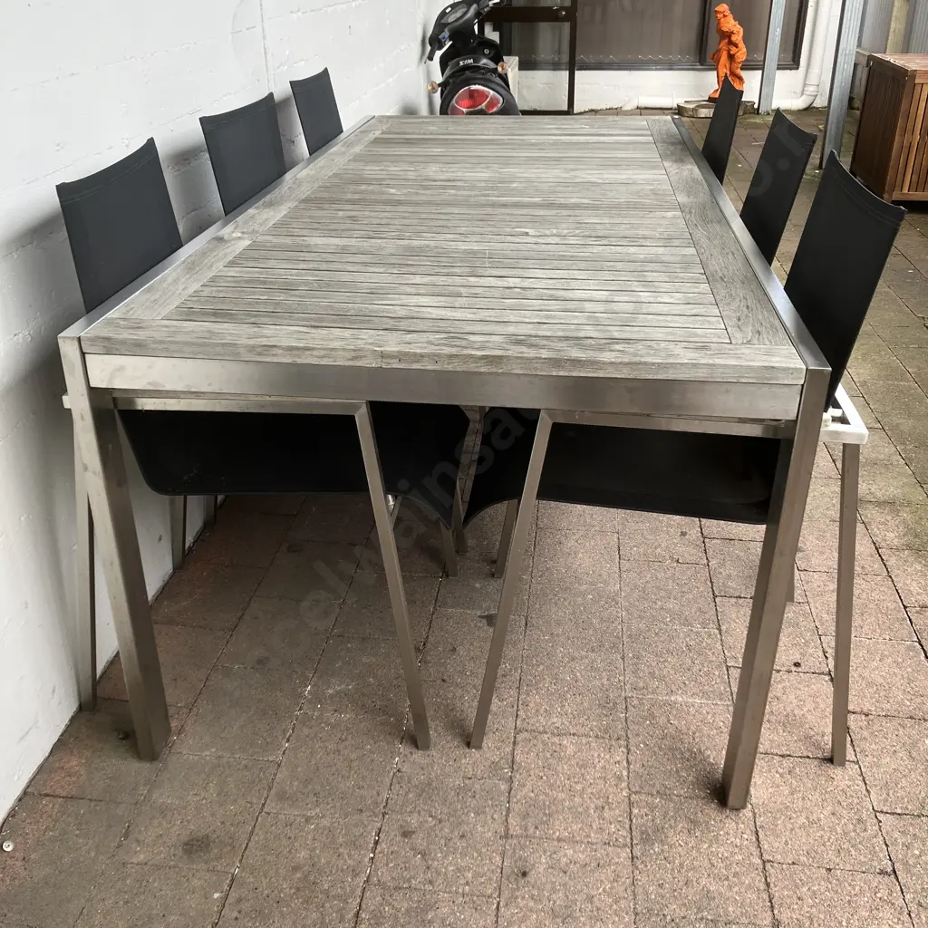Stainless Steel & Wooden Slat Outdoor Table (H75 W220 D100cm) With 6 Black Mesh Chairs With Wooden Capped Arms Image 1++