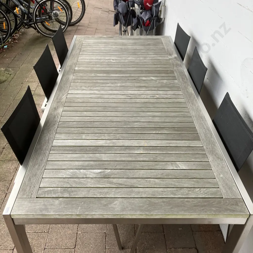 Stainless Steel & Wooden Slat Outdoor Table (H75 W220 D100cm) With 6 Black Mesh Chairs With Wooden Capped Arms Image 1++