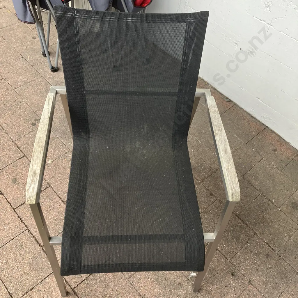 Stainless Steel & Wooden Slat Outdoor Table (H75 W220 D100cm) With 6 Black Mesh Chairs With Wooden Capped Arms Image 1++