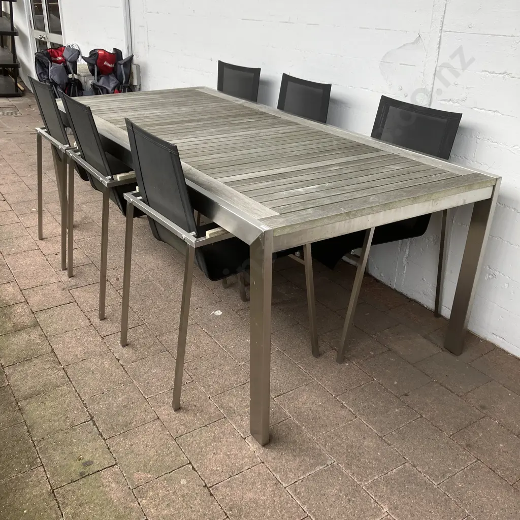 Stainless Steel & Wooden Slat Outdoor Table (H75 W220 D100cm) With 6 Black Mesh Chairs With Wooden Capped Arms Image 1++