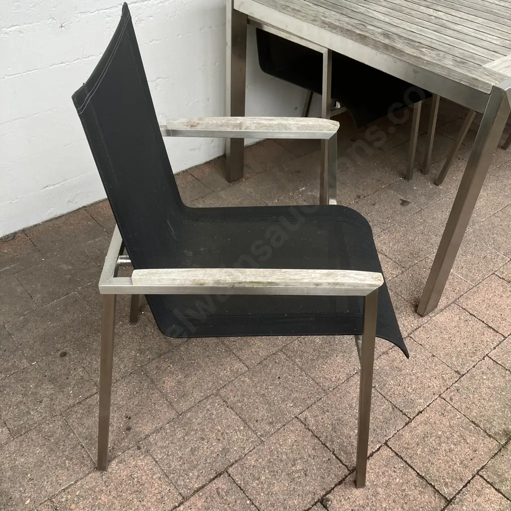 Stainless Steel & Wooden Slat Outdoor Table (H75 W220 D100cm) With 6 Black Mesh Chairs With Wooden Capped Arms Image 1++