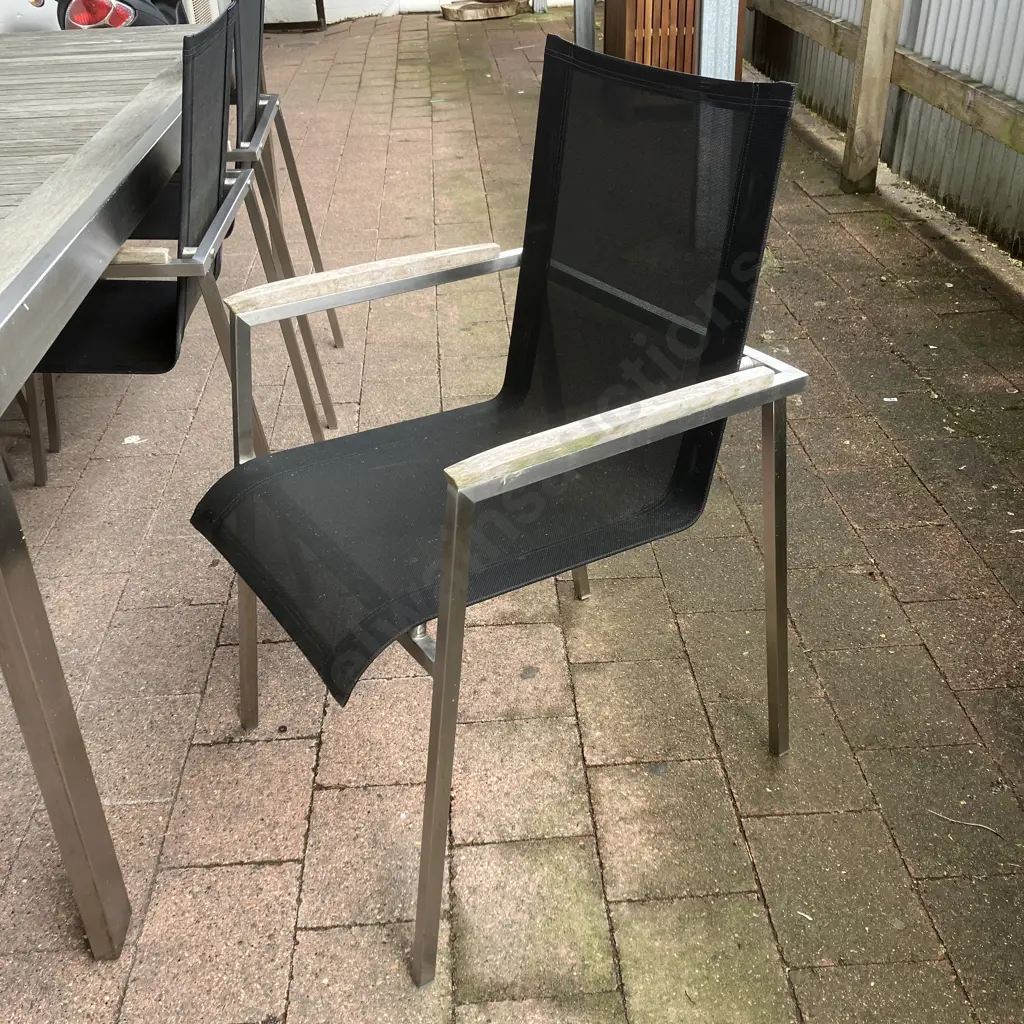 Stainless Steel & Wooden Slat Outdoor Table (H75 W220 D100cm) With 6 Black Mesh Chairs With Wooden Capped Arms Image 1++