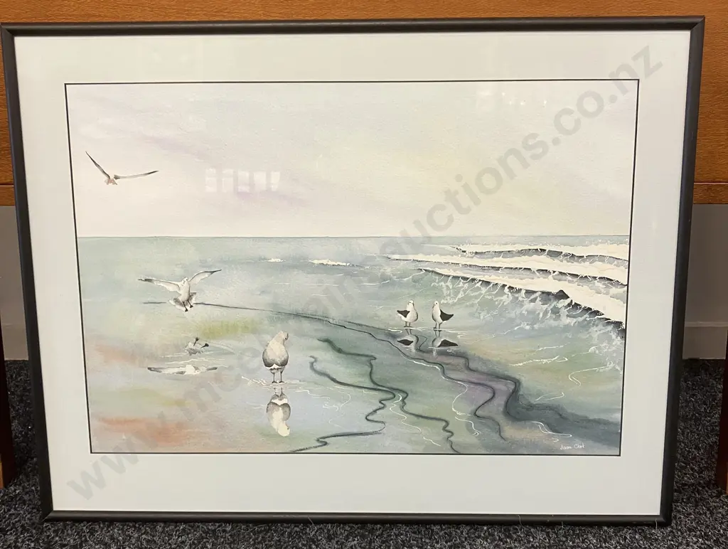Joan Clark Framed Watercolour Seagulls On A Beach. 53 x 69cm Image 1++