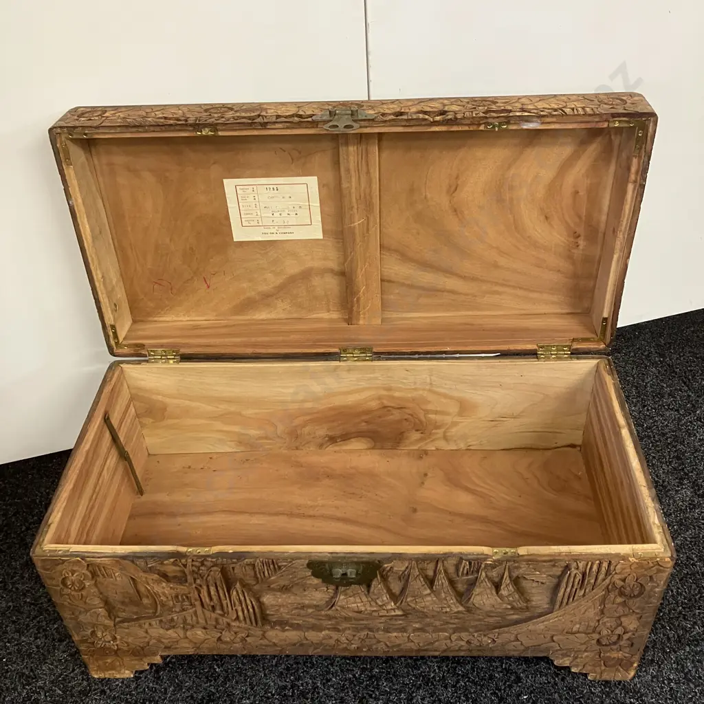 Vintage Fully Carved Camphorwood Chest "Chinese Junks". H38 W79 D38cm - You On & Company Hongkong Image 1++