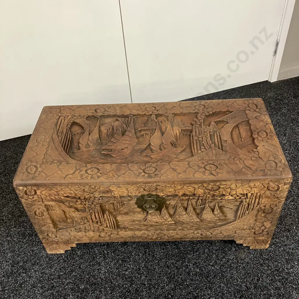 Vintage Fully Carved Camphorwood Chest "Chinese Junks". H38 W79 D38cm - You On & Company Hongkong Image 1++