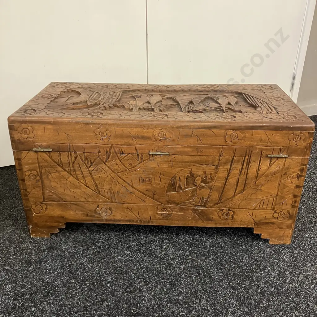 Vintage Fully Carved Camphorwood Chest "Chinese Junks". H38 W79 D38cm - You On & Company Hongkong Image 1++